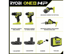 RYOBI ONE+ HP 18V 無刷無繩緊湊型 4件工具組合套裝,帶 (2) 2.0 Ah 電池、充電器和工具包 RYOBI 良明(美行)