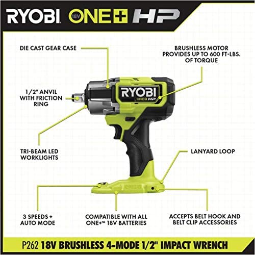 RYOBI - ONE+ HP 18V 無刷無線 4 模式½ 英吋衝擊扳手(現貨) RYOBI 良明(美行)
