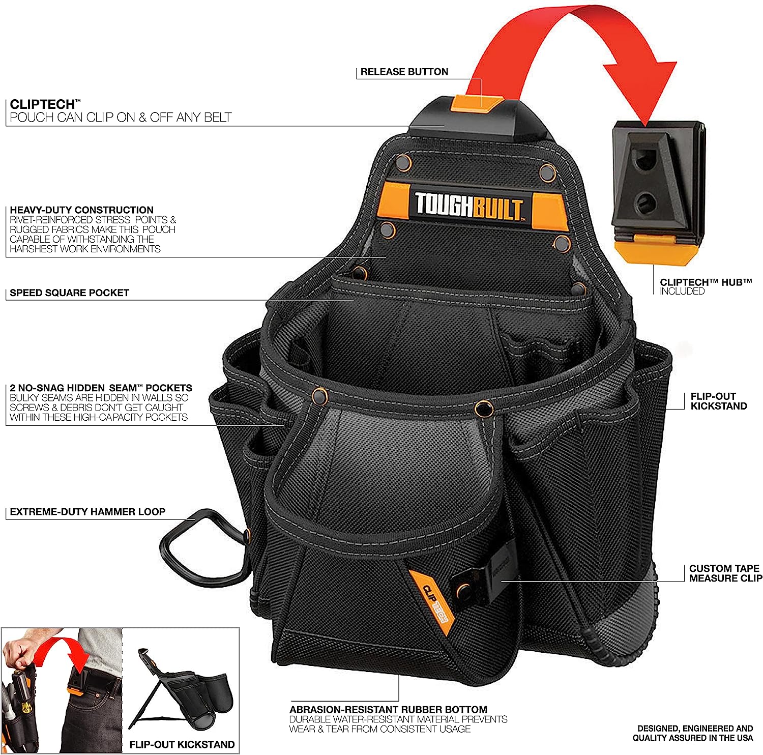 ToughBuilt - TOU-CT-25X捲尺/通用袋 - 口袋和環,堅固的 6 層結構,獲得專利的 ClipTech™ Hub ToughBuilt