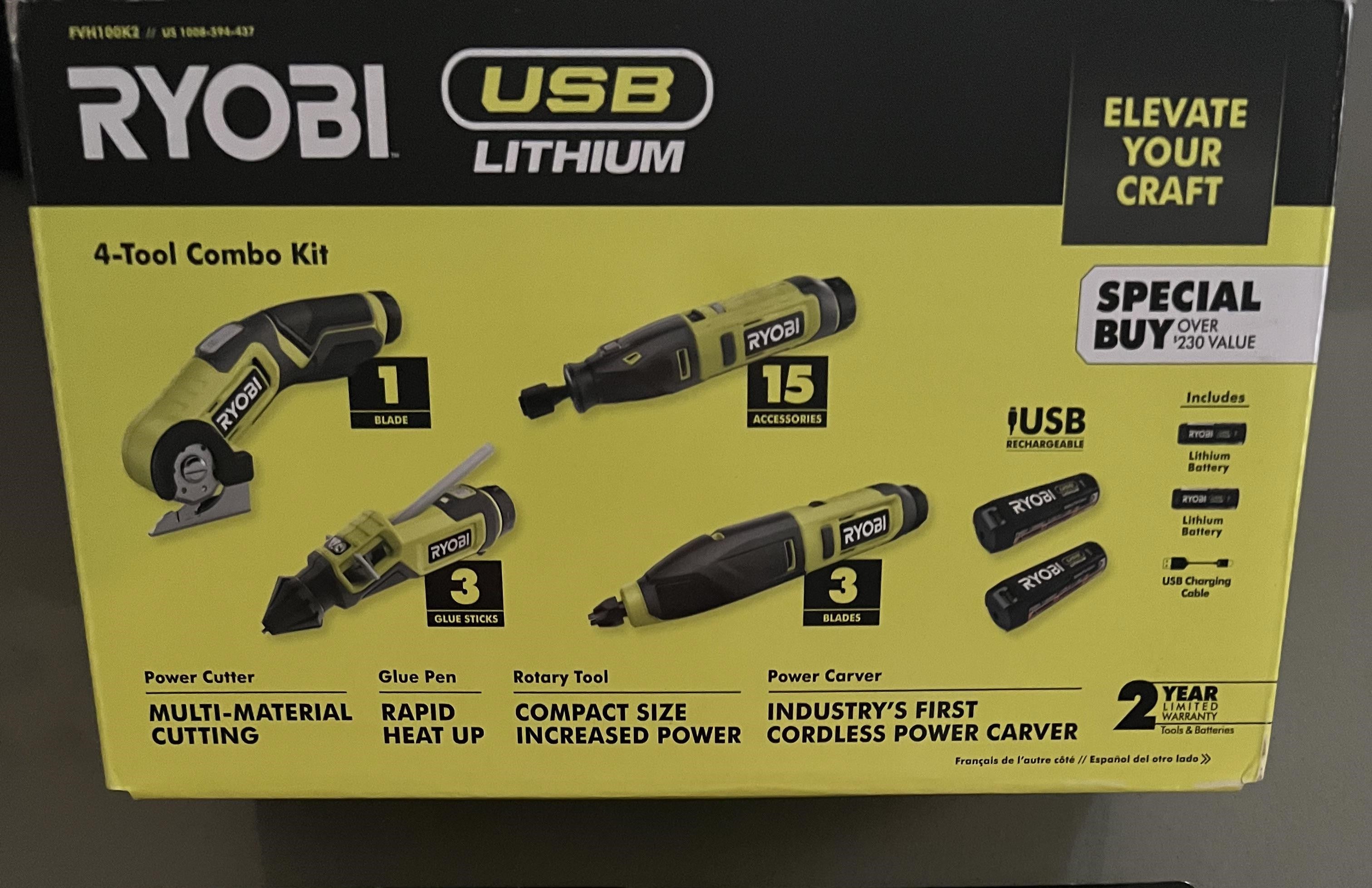 Ryobi USB 鋰 4 件工具 Hobby 組合4套裝帶刀具、旋轉工具、雕刻機、膠水筆 RYOBI 良明(美行)