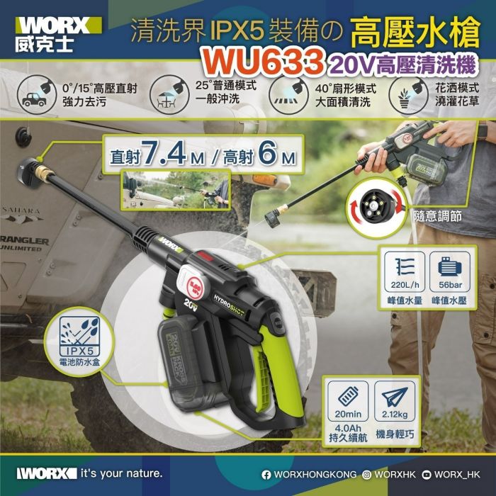Worx 威克士 20V 無碳高壓清洗機WU633.9洗車槍 (38bar ) 淨機 /套裝(6個月保養) WORX 威克士