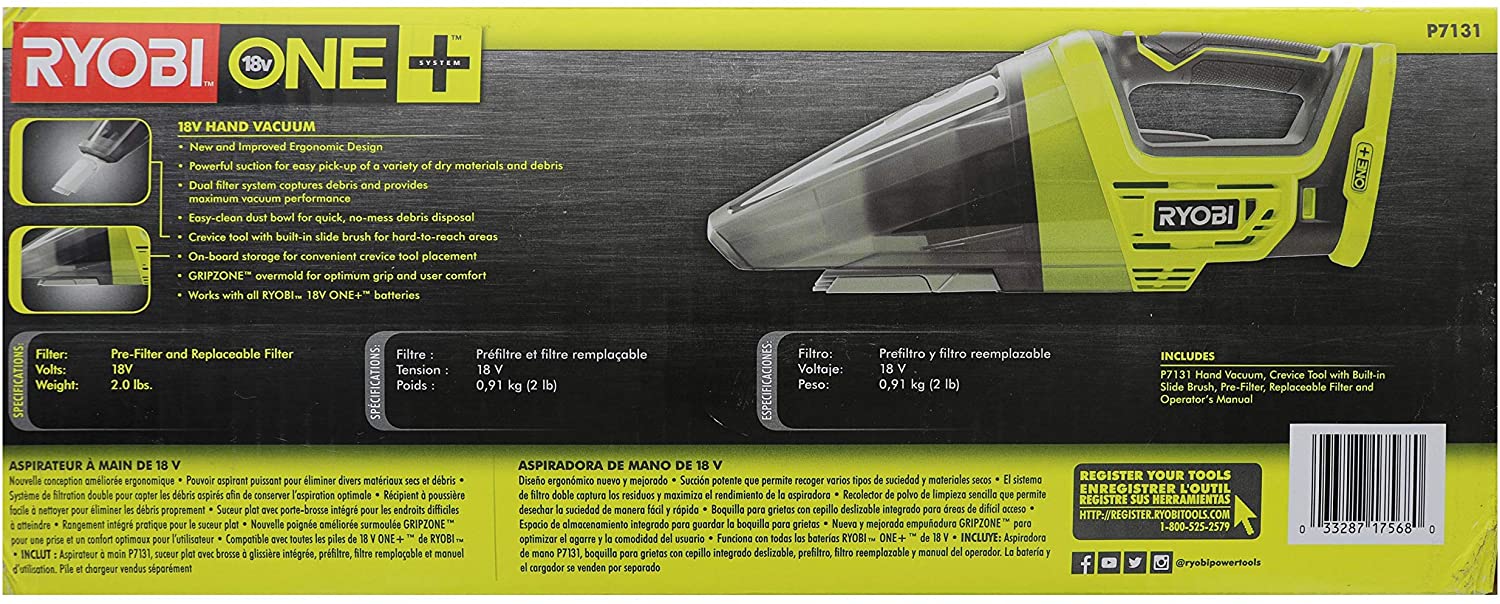 Ryobi P7131 One+ 18V 鋰離子電池供電無繩乾碎屑手吸塵機（不含電池／僅限電動工具） RYOBI 良明（美行）
